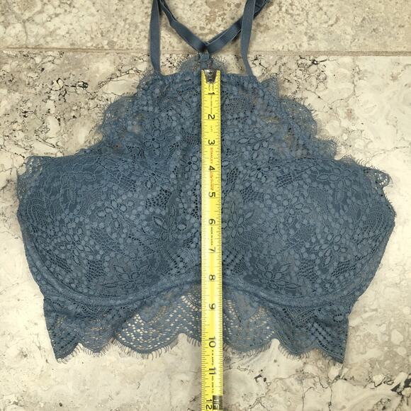 PINK Victoria’s Secret Eyelash Lace High Neck Racerback Push Up Bralette Blue - Picture 11 of 16